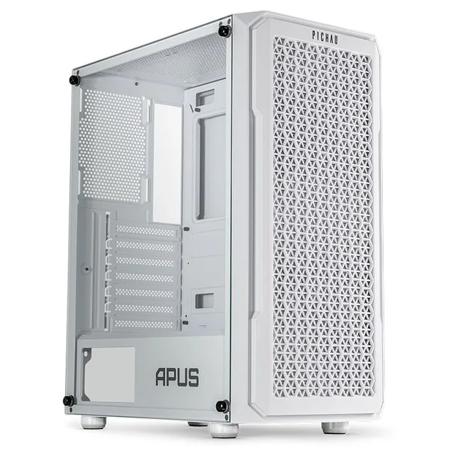 Gabinete Pichau Apus White branco, vista frontal e lateral