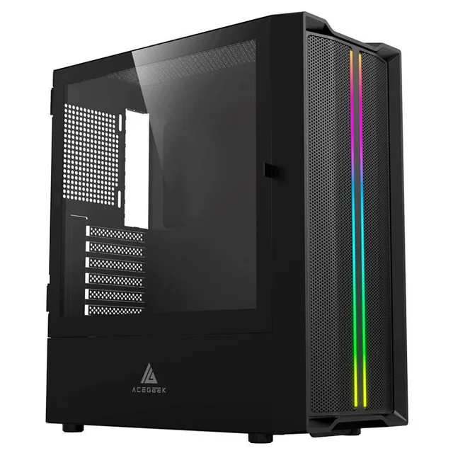 Gabinete Acegeek Aurora E450 preto, vista frontal e lateral
