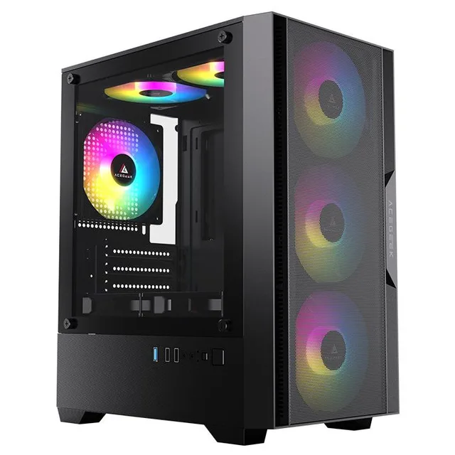 Gabinete Acegeek Stratus Mesh, preto, vista frontal e lateral