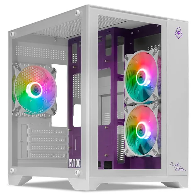 Gabinete Mancer CV100 Purple Edition branco, roxo, vista frontal e lateral