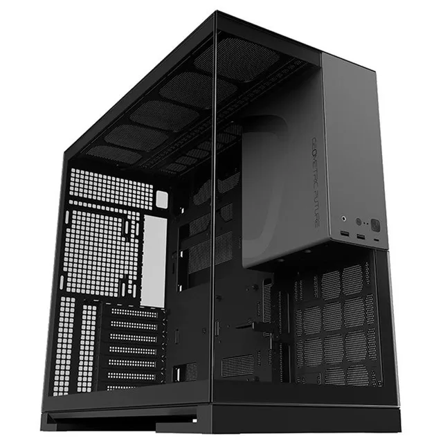 Gabinete Geometric Future Model 5 na cor preto e cinza, vista frontal e lateral