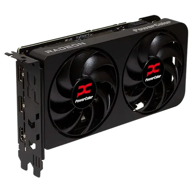 Placa de vídeo PowerColor Radeon RX 9060 XT Reaper, 16 GB, vista frontal das ventoinhas