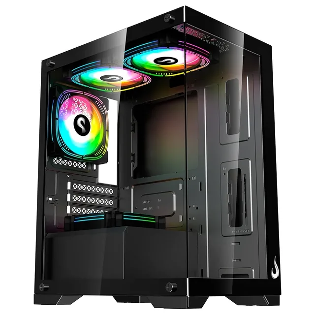 Gabinete Rise Mode Crystal Glass 01 Black, vista frontal e lateral