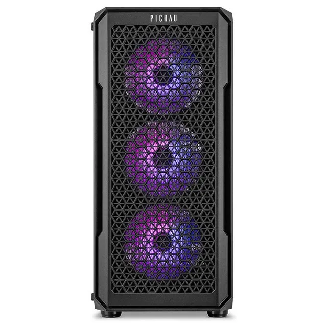 Gabinete Pichau Apus RGB preto, vista frontal e lateral