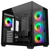 Gabinete Cooler Master Elite 681, frente e lateral; mostra as quatro ventoinhas ARGB do anúncio