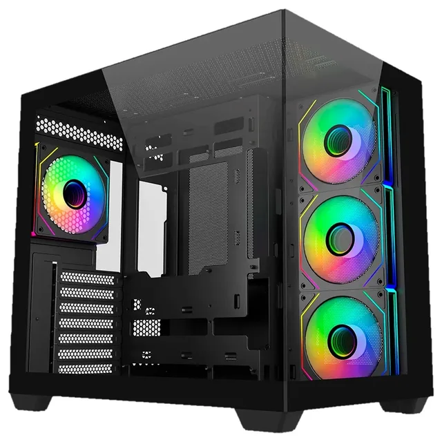 Gabinete Cooler Master Elite 681, frente e lateral; mostra as quatro ventoinhas ARGB do anúncio