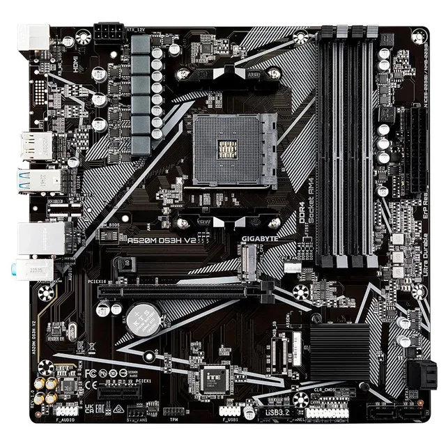 Placa-mãe Gigabyte A520M DS3H V2, vista frontal, sem perspectiva