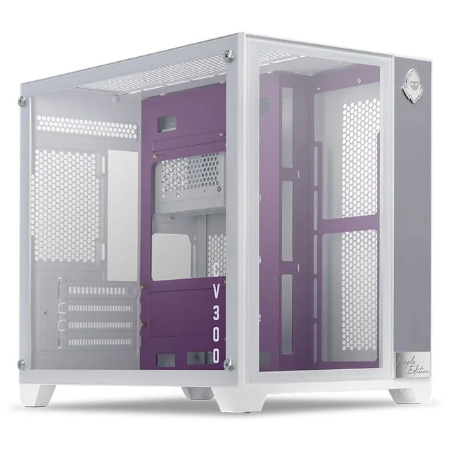 Gabinete Mancer CV300 Purple Edition branco, roxo, vista frontal e lateral
