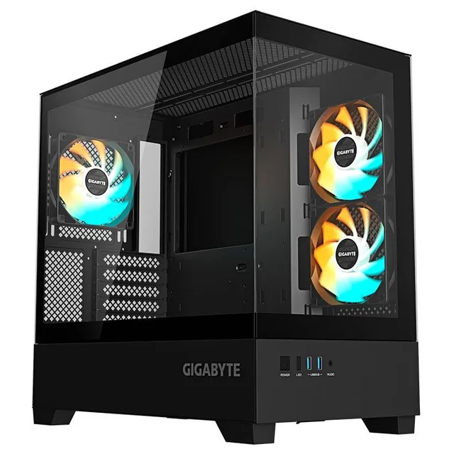Gabinete Gigabyte C201 Panoramic, preto, vista frontal e lateral