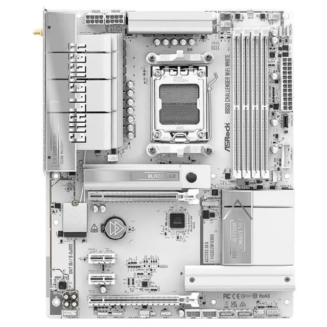 Placa-mãe ASRock B850 Challenger WiFi White, vista frontal, sem perspectiva