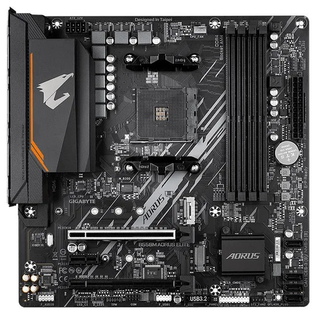 Placa-mãe Gigabyte B550M Aorus Elite, vista frontal