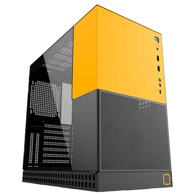 Gabinete Geometric Future Model 4 King Arthur na cor preto e amarelo, vista frontal e lateral
