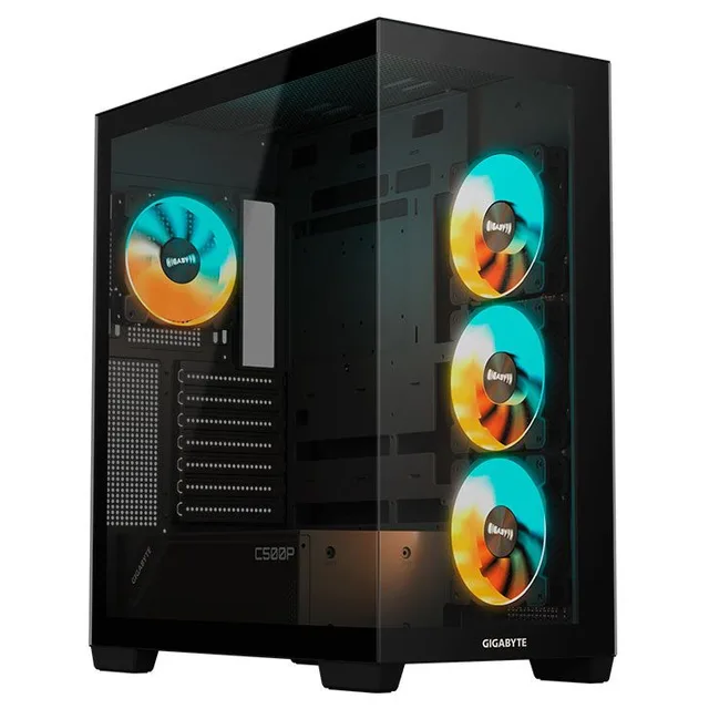 Gabinete Gigabyte C500 Panoramic Stealth, preto, vista frontal e lateral