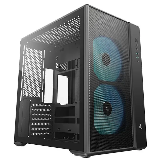 Gabinete DeepCool CG590 MESH preto, vista frontal e lateral