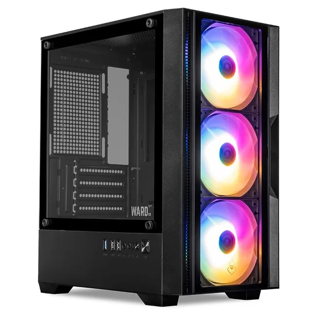 Gabinete Mancer Ward V3, preto, vista frontal e lateral