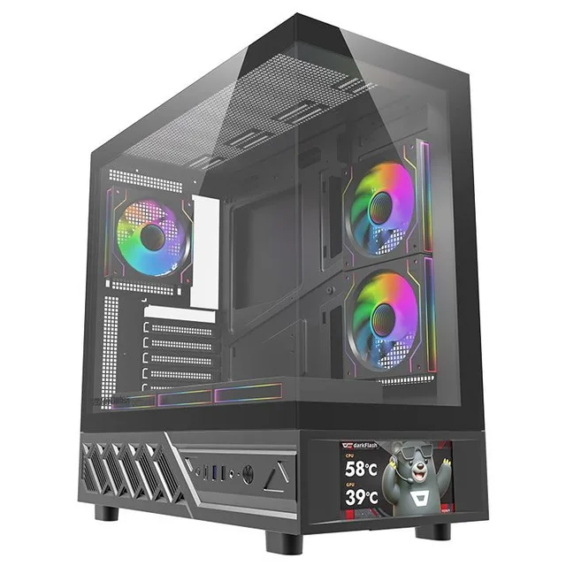 Gabinete Aigo Darkflash DS950V na cor preto, vista frontal e lateral