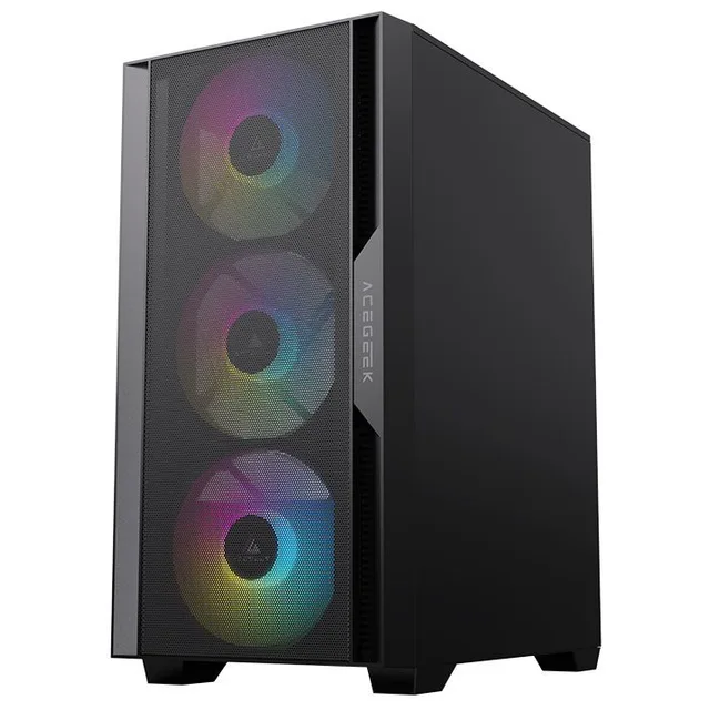 Gabinete Acegeek Stratus Mesh, preto, vista frontal e lateral