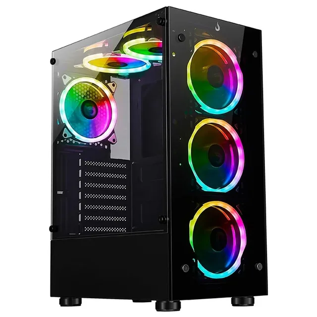 Gabinete Rise Mode Glass 06X Black - 6 Fans Argb, vista frontal e lateral