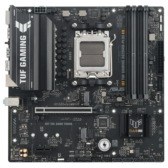 Placa-mãe ASUS TUF GAMING A620AM-PLUS, vista frontal, sem perspectiva