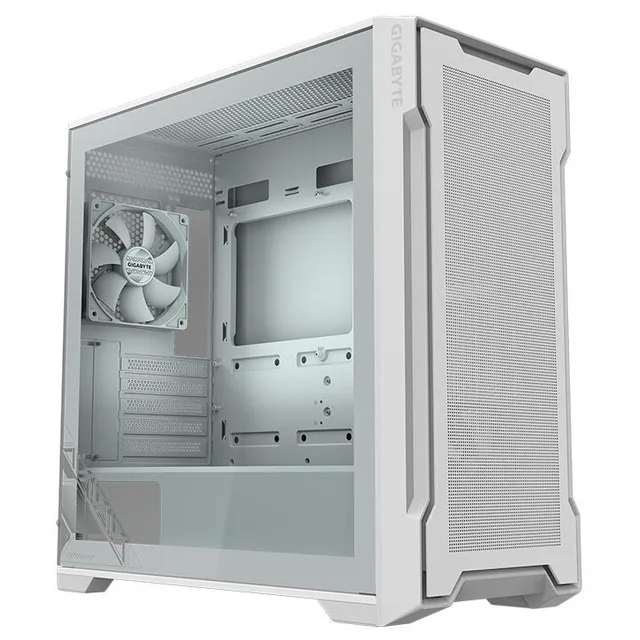 Gabinete Gigabyte C102 Glass Ice, branco, vista frontal e lateral