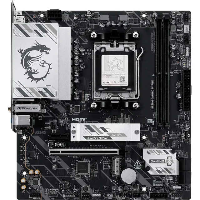 Placa-mãe MSI B850M GAMING WIFI6E, vista frontal, sem perspectiva