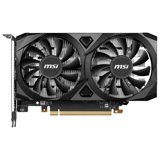 MSI GeForce RTX 3050 VENTUS 2X 6G OC, placa sem embalagem com o lado das ventoinhas visível