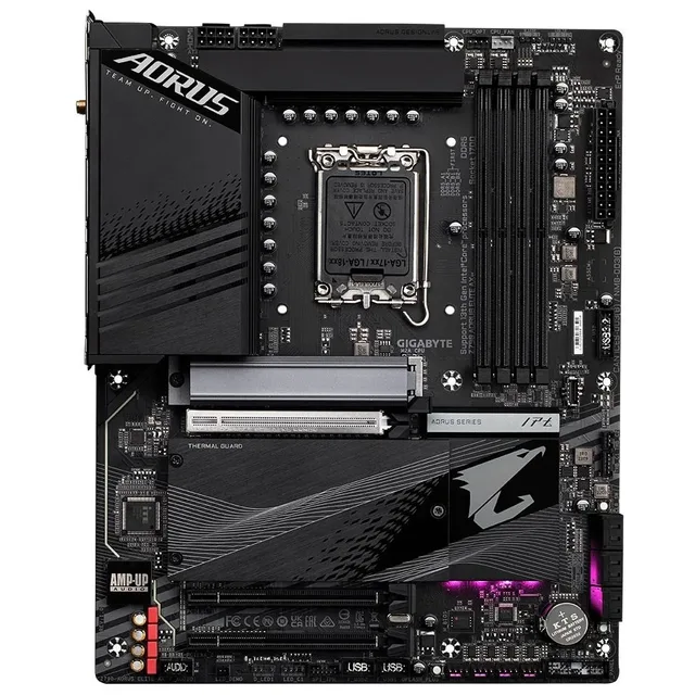 Gigabyte Z790 AORUS ELITE AX, vista frontal rotacionada 90° anti-horário