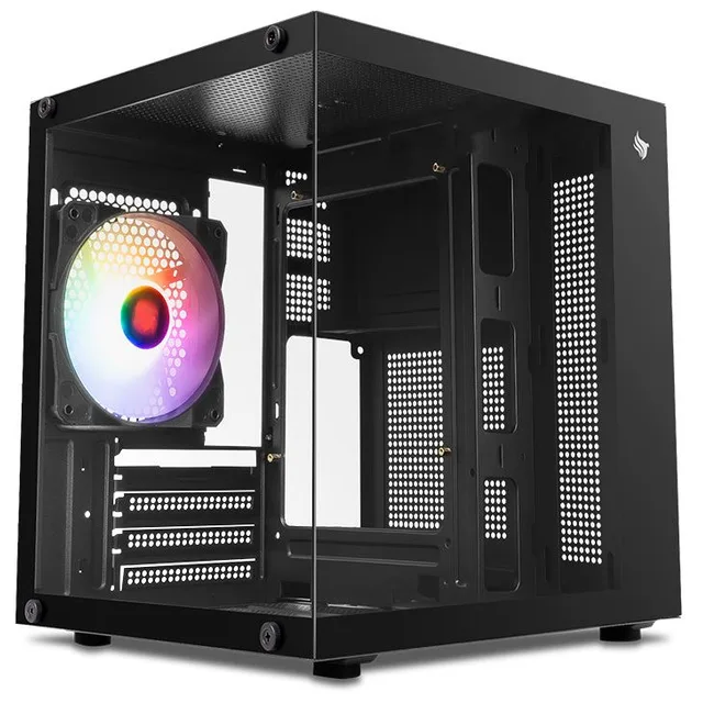 Gabinete Pichau Atom preto, vista frontal e lateral