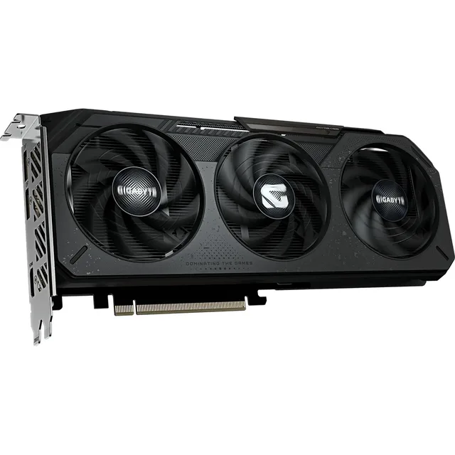 Gigabyte Radeon RX 9050 GAMING OC 8G, placa sem embalagem com o lado das ventoinhas visível