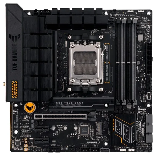 Placa-mãe ASUS TUF GAMING B650M-E WIFI, vista frontal, sem perspectiva