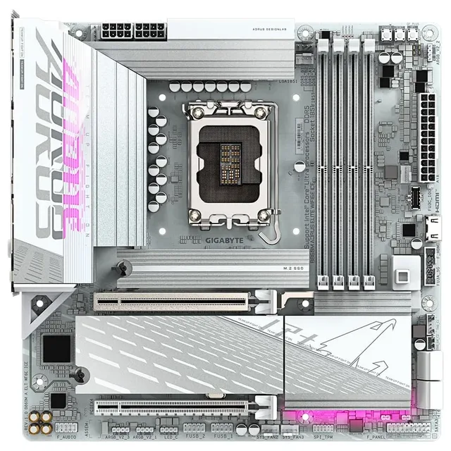 Placa-mãe Gigabyte B860M AORUS ELITE WIFI6E ICE, vista frontal, sem perspectiva