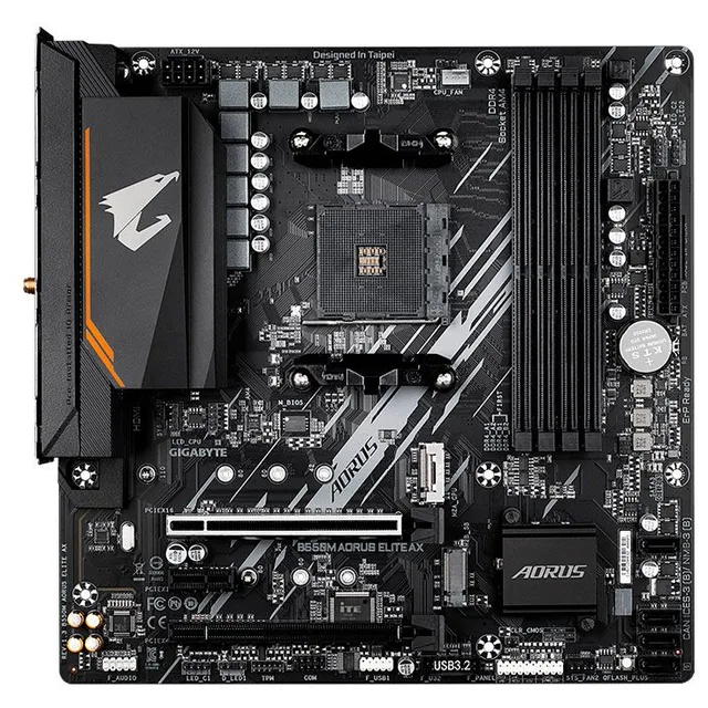 Placa-mãe Gigabyte B550M Aorus Elite AX, vista frontal