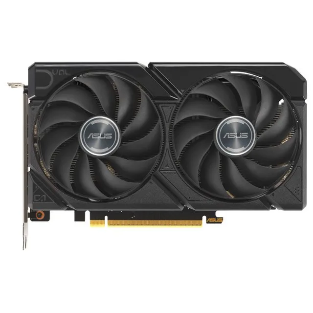 Placa de vídeo ASUS Dual Radeon RX 9060 XT 16 GB, 16 GB, vista frontal das ventoinhas