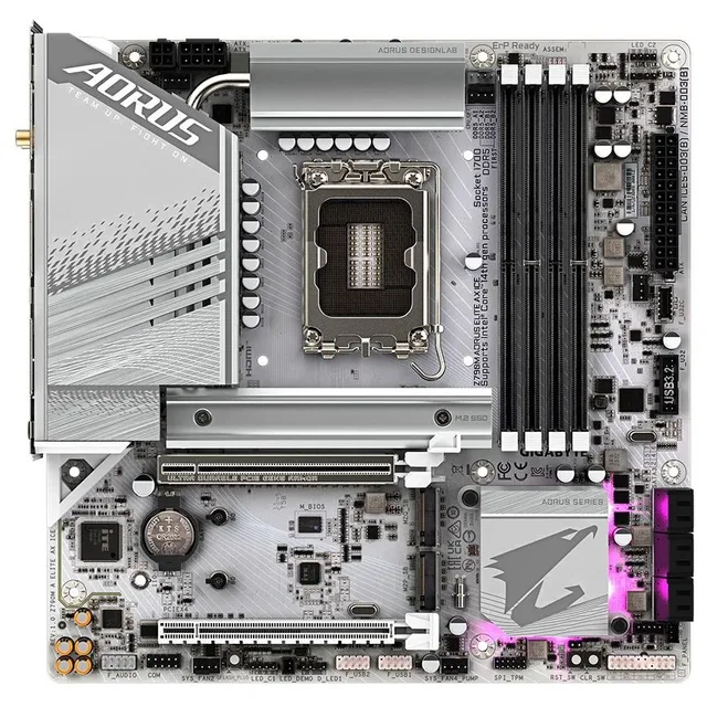 Placa-mãe Gigabyte Z790M AORUS ELITE AX ICE, vista frontal, sem perspectiva