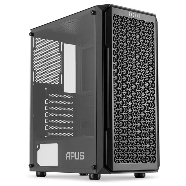 Gabinete Pichau Apus Black preto, vista frontal e lateral
