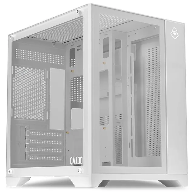 Gabinete Mancer CV100 branco, vista frontal e lateral