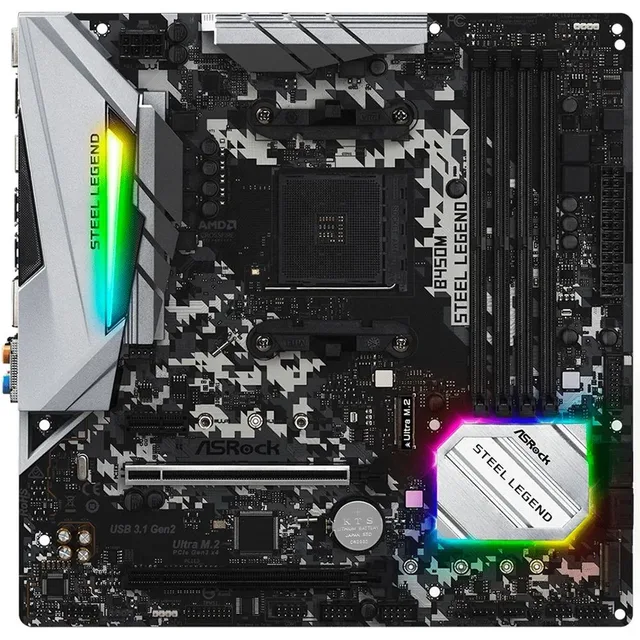 Placa-mãe ASRock B450M Steel Legend, vista frontal, sem perspectiva