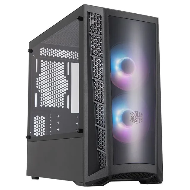 Gabinete Cooler Master Masterbox MB320L ARGB na cor preto, vista frontal e lateral