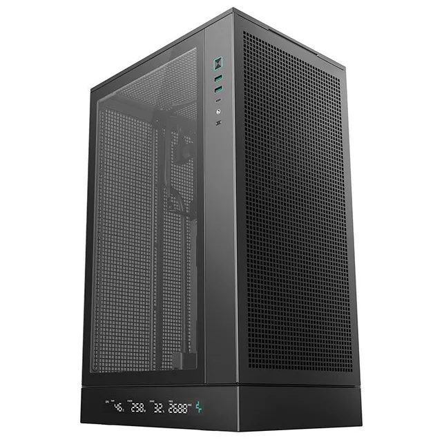 Gabinete DeepCool CH270 Digital, preto, vista frontal e lateral