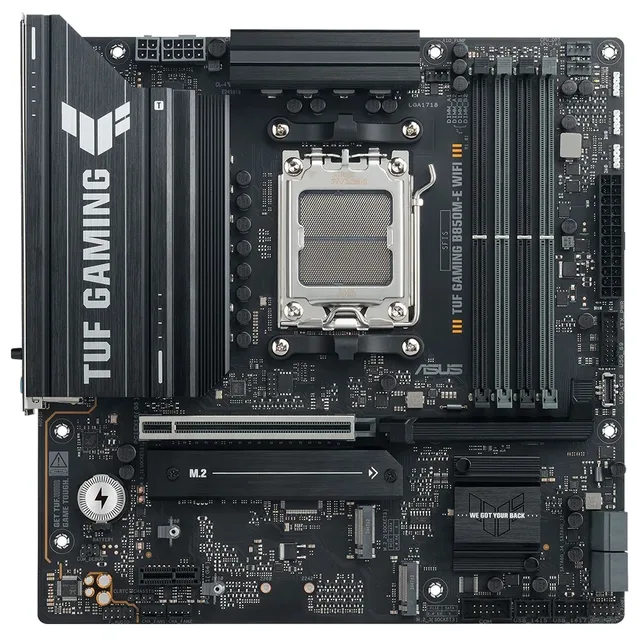 Placa-mãe ASUS TUF GAMING B850M-E WIFI, vista frontal, sem perspectiva