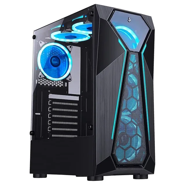 Gabinete Rise Mode X4 Glass Black, vista frontal e lateral