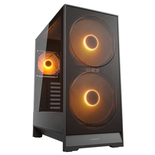 Gabinete Cougar Airface 180 preto, vista frontal e lateral