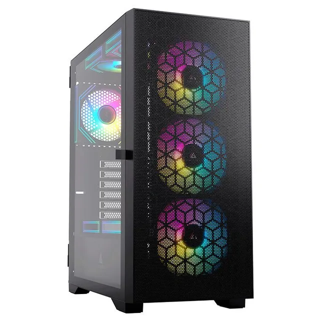 Gabinete Acegeek Shield D440, preto, vista frontal e lateral