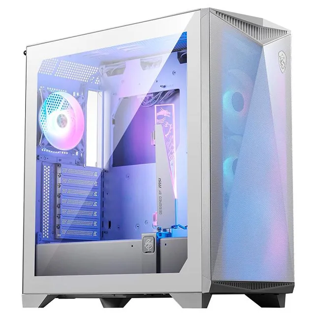 Gabinete MSI MAG Gungnir 300R Airflow, branco, vista frontal e lateral