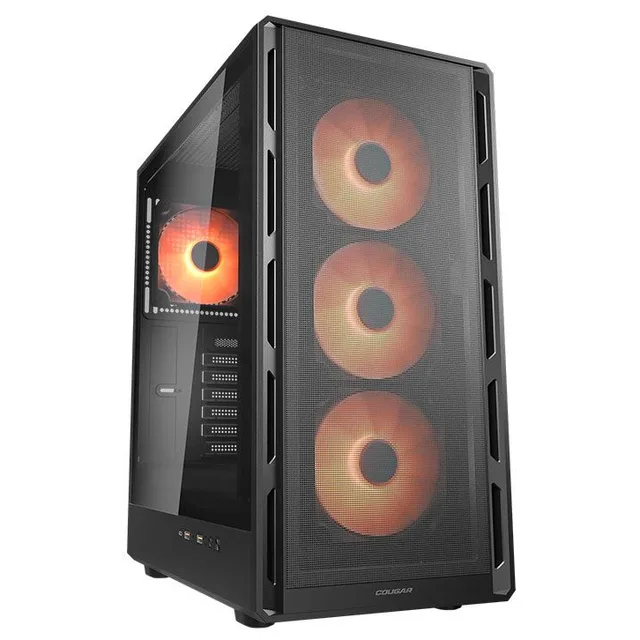Gabinete Cougar Airface Pure Pro na cor preto, vista frontal e lateral