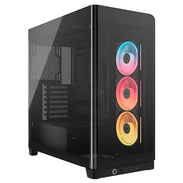 Gabinete Corsair Frame 4500X LX R na cor preto, vista frontal e lateral
