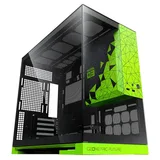 Gabinete Geometric Future Model 3 preto e verde, vista frontal e lateral
