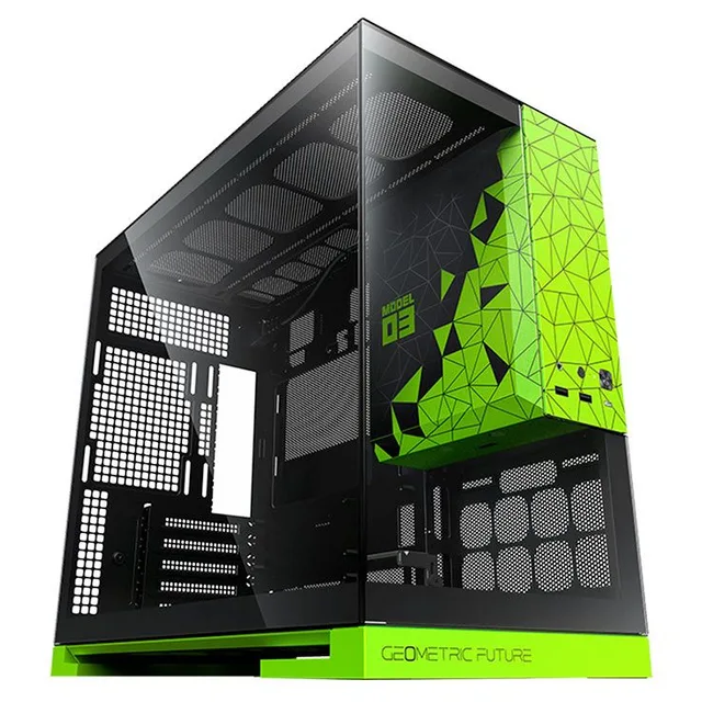 Gabinete Geometric Future Model 3 preto e verde, vista frontal e lateral