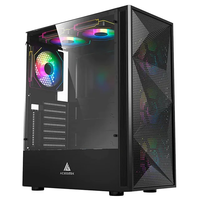 Gabinete Acegeek Morality L435, preto, vista frontal e lateral