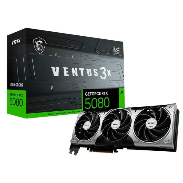 Placa de vídeo MSI GeForce RTX 5080 Ventus 3X OC Black, vista principal